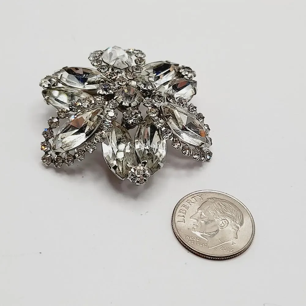 Vintage Clear Rhinestone Flower Brooch Rhodium Plated Sparkling 1.5 Inch